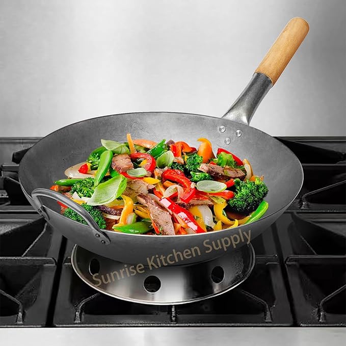 SUNRISE Kitchen Supply 1.8 mm Thickness Heavy Duty Hand Hammered Carbon Steel Wok 14 inch, Round Bottom