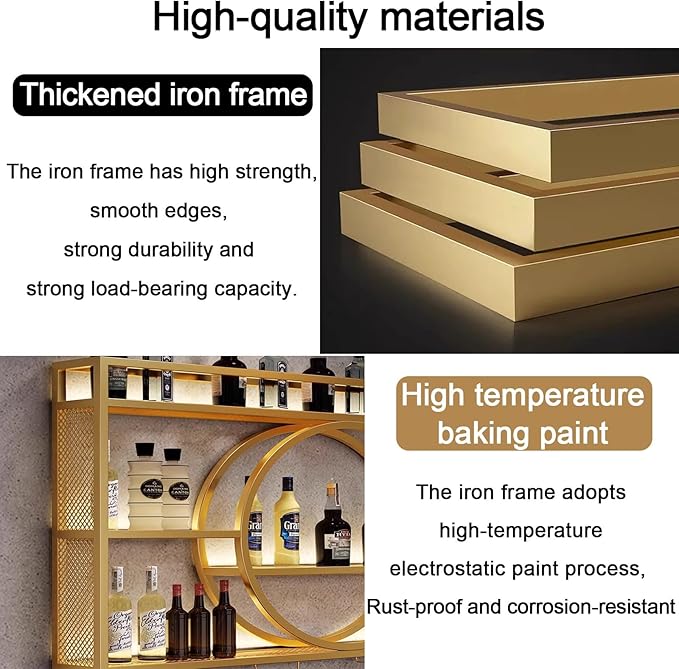 Modern Wine Storage Rack Wall Mounted With LED Light With Wine Glass Holder,Iron Bar Liquor Shelf,Floating Wall Wine Shelves,Bar Liquor Bottle Display Shelf For Kitchen Bar Decoration Gold/Black ( Col
