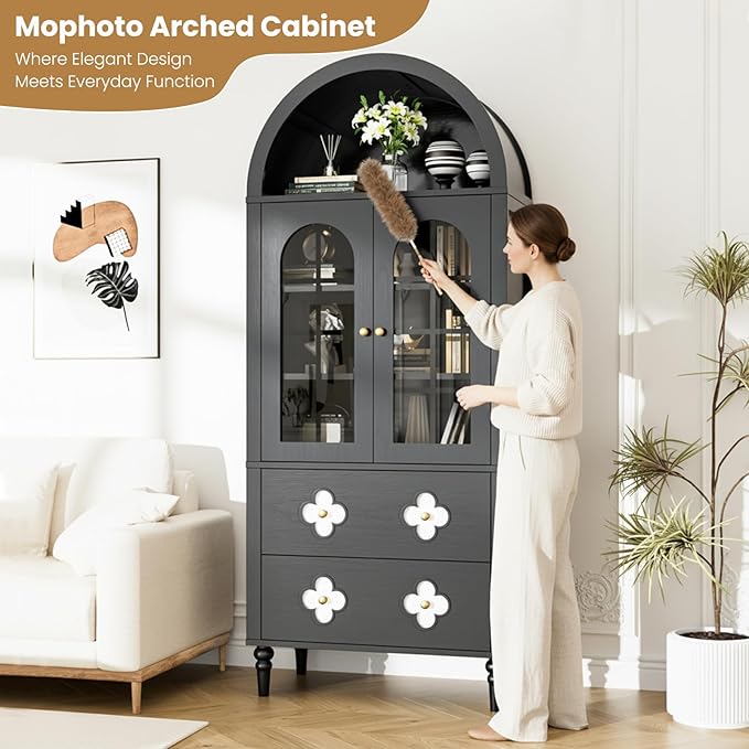 MOPHOTO Arched Cabinet, 71 in Arched Cabinet with Glass Doors, Modern Versatile Pantry Storage Cabinet with 2 Large Drawers for Living Room, Kitchen, Dining Room