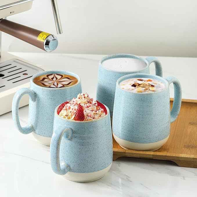 HASENSE 15 Ounce Porcelain Coffee Mugs Set of 4 with Large Handle Perfect for Coffee, Tea, Milk, Chocolate and Latte, Unqiue Glaze Ceramic Coffee Cups Set for Man and Woman, Sky Blue