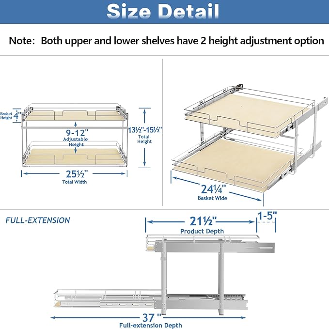 ROOMTEC 2 Tier Individual Pull Out Cabinet Organizer 25쩍"W x 21쩍"D, Slide Out Wood Shelves Organizers, Pull Out Drawers Organization and Storage for Kitchen Cabinet
