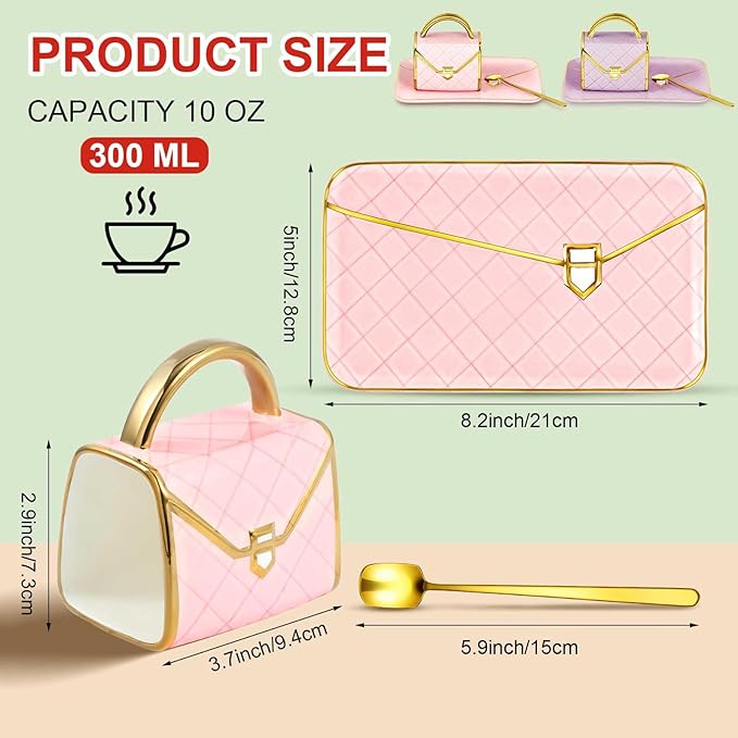 Zubebe 2 Set Coffee Mug Elegant Handbag Shaped Cup Valentine's Day Modern Ceramic Purse Mug with Spoon and Saucer, 10oz Cute Creative Tea Cup for Woman Girls Gift (Pink,Purple)