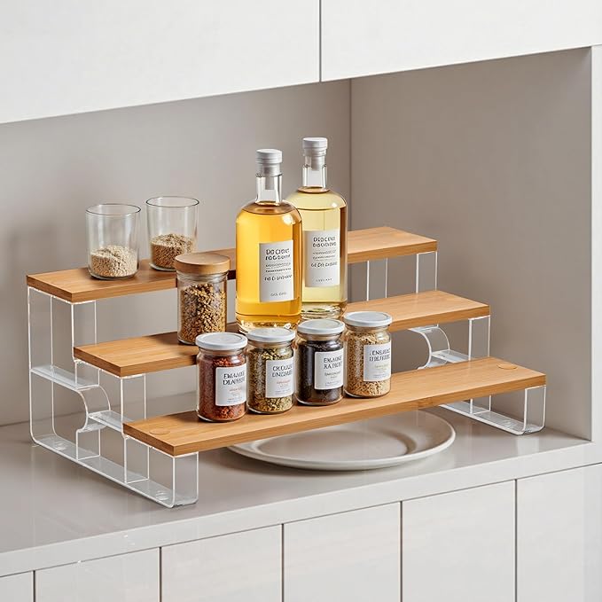 junyuan Spice Rack Organizer for Cabinet,3 Tier Spice Organization for Kitchen,Bathroom Organizers and Storage,Seasoning Countertop Shelf,Bamboo Display Shelves Racks,Clear 11.2"