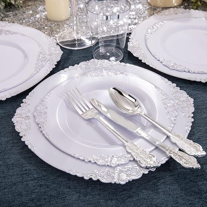 Hioasis 100pcs White Silver Plastic Plates for Party - 7.5" Dinner Plates Disposable, Heavy -duty, Classy and Elegant for New Year