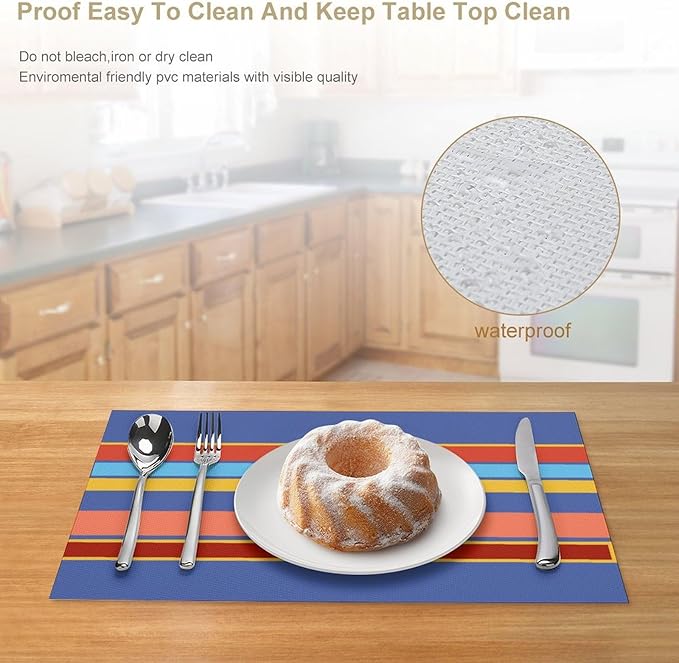 Modern Orange Blue Yellow Coral Stripes Placemat, Set of 4 Heat Resistant PVC Place Mats for Kitchen Table