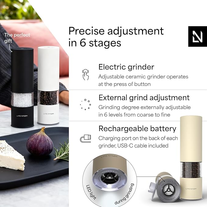 LARS NYS횠M Electric Salt and Pepper Grinder Set I Automatic Salt and Pepper Mills with Adjustable Ceramic Grinder I USB Rechargeable Electric Spice Mill Set with LED Light (Brown/Beige)