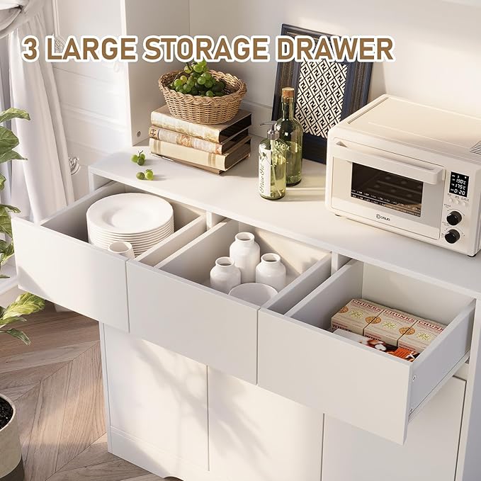 KAMABOKO 71" Kitchen Pantry Cabinet with LED Light and Charging Station Tall Pantry Storage Cabinet with Adjustable Shelves and Door Modern Kitchen Hutch with Microwave Stand and Countertop (White)