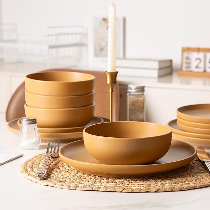 Furrnook 12-Piece Stoneware Dinnerware Set with Mugs | Microwave and Dishwasher Friendly | Stackable Matte Glaze Plates & Bowls | Service for 3 (Orange for 4)