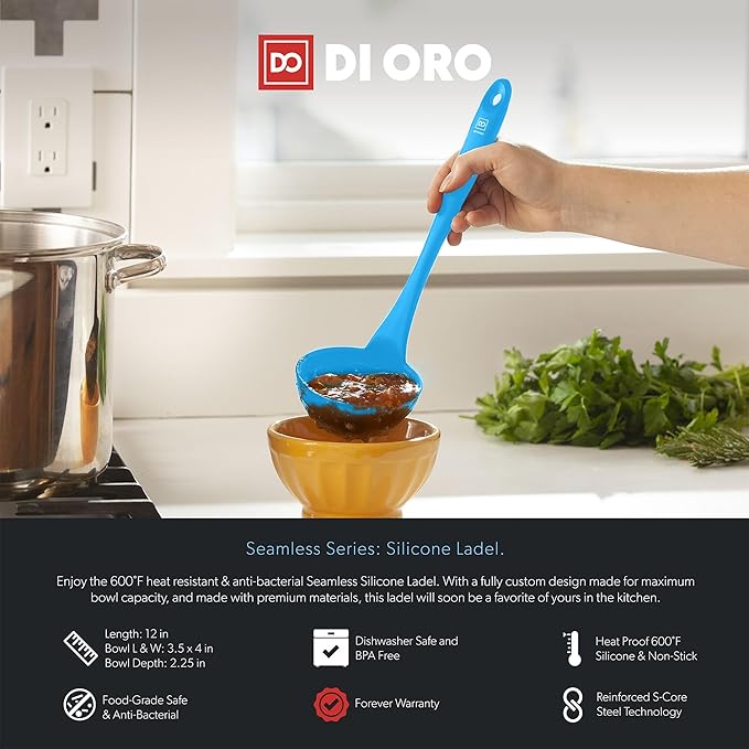 DI ORO Silicone Ladle ??Soup Ladle for Cooking & Serving Heat-Resistant - Large Kitchen Soup Ladle Nonstick Cookware Safe - Soup Serving Spoon with Wide Bowl - Silicone Utensil Dishwasher Safe (Blue)