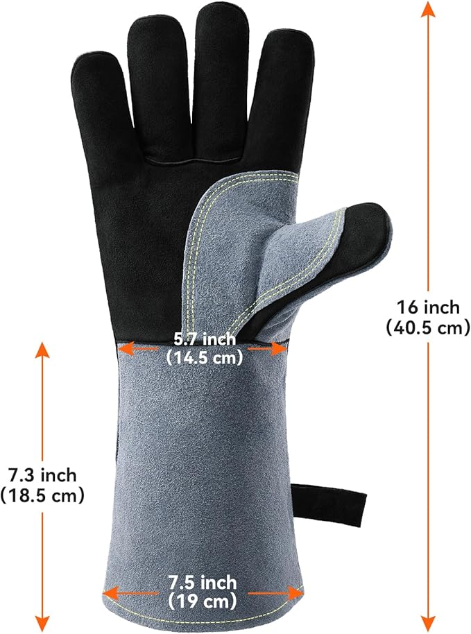 OZERO 932째F Heat Resistant Welding Gloves 16 inches Cowhide Leather - Long Sleeve and Insulated Lining BBQ Glove for Tig Welder/Mig/Grill/Barbecue/Stove Black-gray