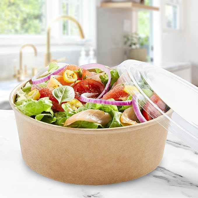 Ruthy's Outlet Kraft Salad Bowls W/Clear Lids ??Disposable Paper Salad Containers, Eco-Friendly | Leak-Resistant | Microwave Safe ??Ideal for Meal Prep, To-Go Orders & Catering (25, 20 oz)