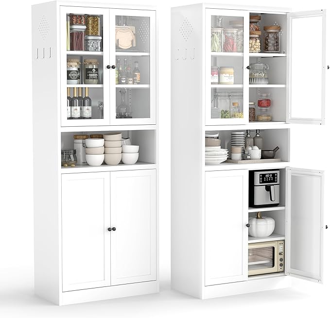 White Steel Kitchen Pantry Cabinet with Glass & Solid Doors, 72" H Storage Cabinet with Adjustable Shelves, Heavy Duty Freestanding Utility Cabinet for Dining/Living Room, Assembly Required