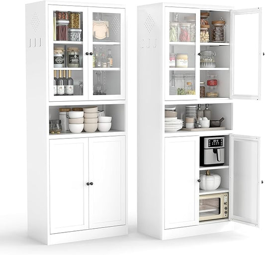 White Steel Kitchen Pantry Cabinet with Glass & Solid Doors, 72" H Storage Cabinet with Adjustable Shelves, Heavy Duty Freestanding Utility Cabinet for Dining/Living Room, Assembly Required