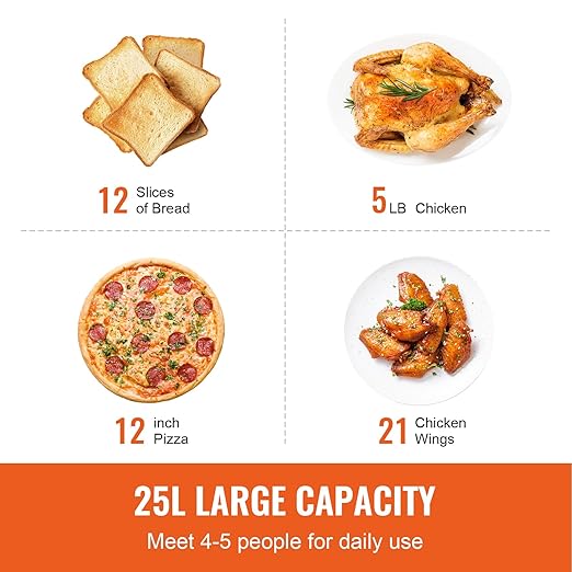 VEVOR 12-IN-1 Air Fryer Toaster Oven, 25L Convection Oven, 1700W Toaster Ovens Countertop Combo with Grill, Pizza Pan, Gloves, 12 Slices Toast, 12-inch Pizza, Home and Commercial Use (Grey)