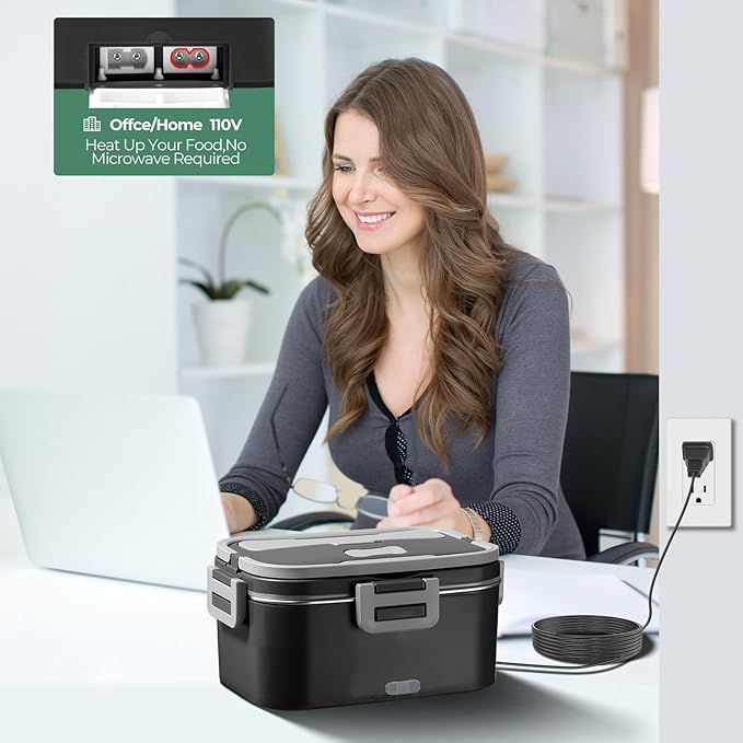 Vidaskeci Electric Lunch Box for Adults 100W Fast Heated Lunch Box for Men Women 1.8L Stainless 304Steel Containers Fast Heating Portable Food Warmer 12V/24V/110V Home/Car/Office/Truck(Black + Gray)