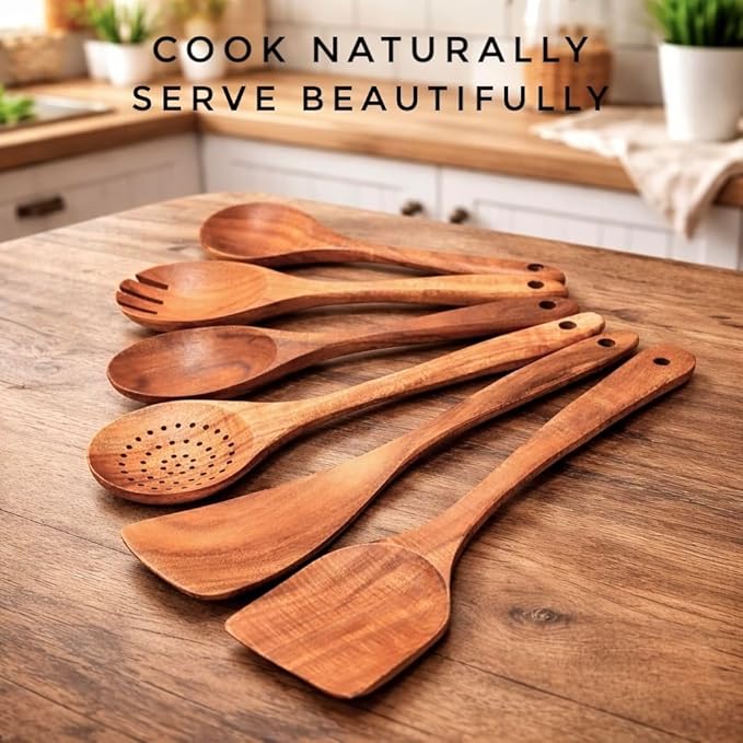 6-Piece Wooden Utensil Set ??Premium Teak Wood Cooking Spoons & Spatulas, Non-Stick, Heat-Resistant, Durable & Eco-Friendly Kitchen Tools for Cooking & Serving