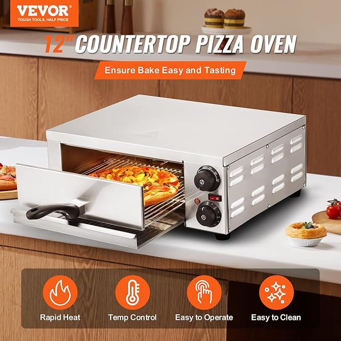 VEVOR Electric Pizza Oven for Countertops, 12-inch, 1500W, with Temp Control & 0-60 Min Timer, Even Baking Technology & Easy Clean Crumb Tray, Ideal for Both Commercial & Home Kitchens