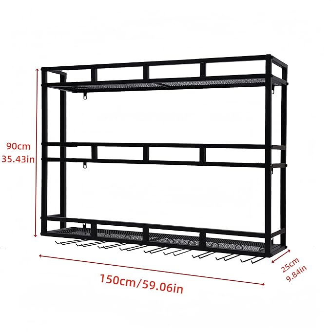 59 Inch Metal Wine Rack Wall Mounted, Bar Shelves for Liquor Bottles with LED Light, 3 Tier Large Capacity Liquor Rack Wall Mounted with Glass Holder for Home Bar & Dining Room, Black