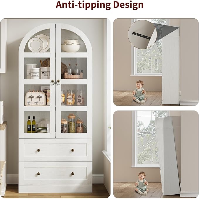 GAOMON 72" Arched Kitchen Pantry Cabinet, Wooden Freestanding Storage Cupboard with Doors, Drawers & Adjustable Shelves, Versatile Farmhouse Pantry for Dining and Living Room, White