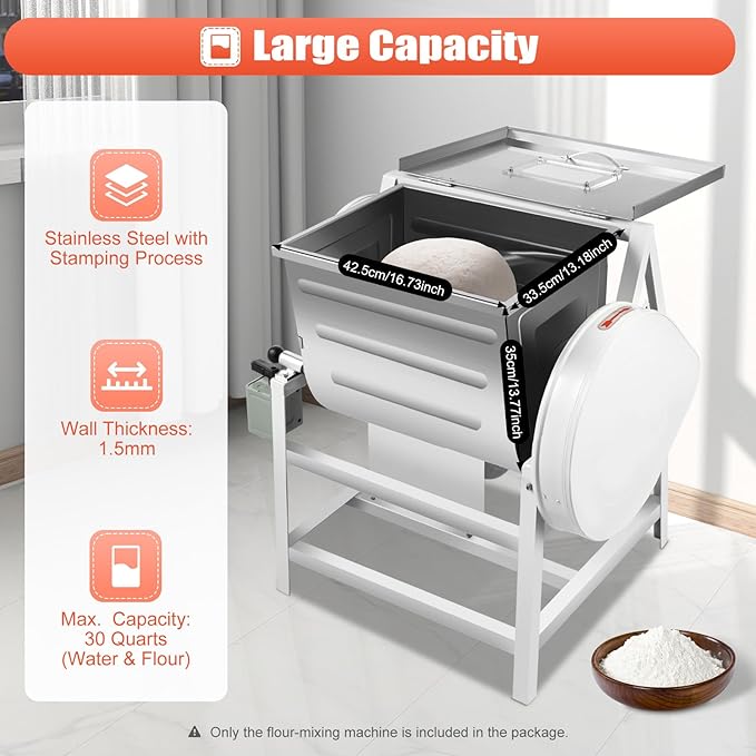 30QT Commercial Dough Mixer 1500W 110V Electric Flour Kneading Mixing Machine Heavy Duty Flour Mixing Machine with 17" x 13" x 14" Bowl 1400r/m Dough Kneading Machine for Bakeries