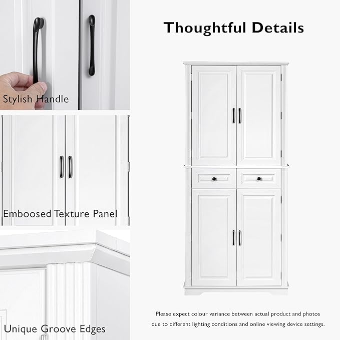 Ball & Cast 71?쿟all Farmhouse Kitchen Pantry Cabinet with 3 Pull Out Shelves & 2 Large Drawers,Versatile Pantryl Storage Cabinet w/ 6 Door Shelf & Adjustable Shelves for Kitchen,Dining Room,White