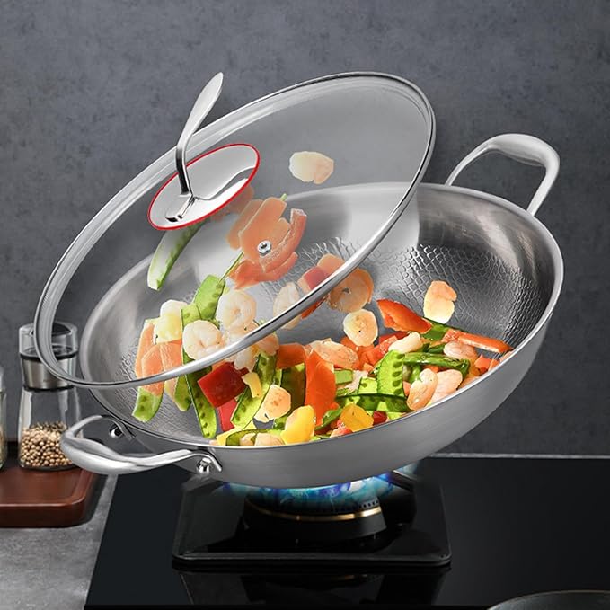 12.6 Inch Titanium Hammered Wok with Double Handles, Frying Pans Nonstick, Non-Stick Wok, Scratch-Resistant Non Stick Titanium Pans for Cooking,No lid 12.6in
