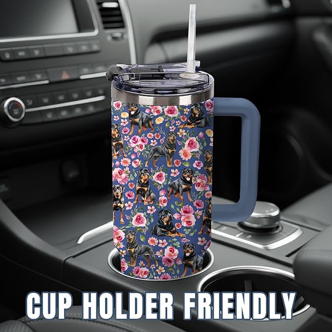 Yogusut Rottweiler Gifts for Women, 40oz Stainless Steel Insulated Tumbler Travel Mug Cup with Handle Straw, Gifts for Dog Mom Dog Lover