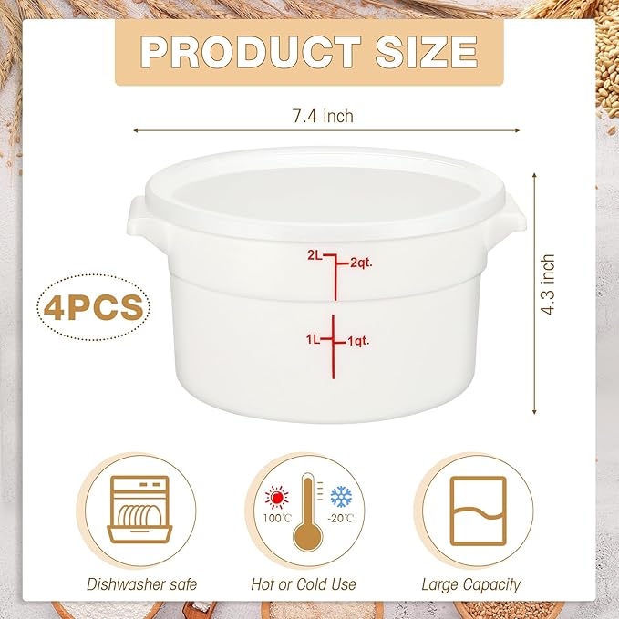Hushee 4 Pcs Commercial Food Storage Containers Round PP Food Storage Containers with Lids for Pantry Translucent Plastic Tubs with Lids for Storage Food Safe Bucket with Scales and Handles (2 Quart)