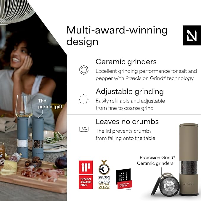 LARS NYS횠M Salt and Pepper Grinder Set Manual, Stainless Steel Salt and Pepper Mills with Adjustable Ceramic Grinder I Design Spice Shakers (Taupe Brown)