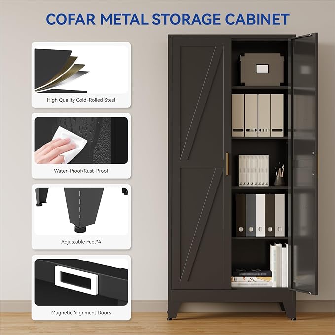 COFaR 71 in Tall Black Metal Cabinet, Metal Storage Cabinet with 4 Adjustable Shelves and Barn Doors, Farmhouse Cupboard Storage for Garage Kitchen Pantry Laundry, Black 5-Tier