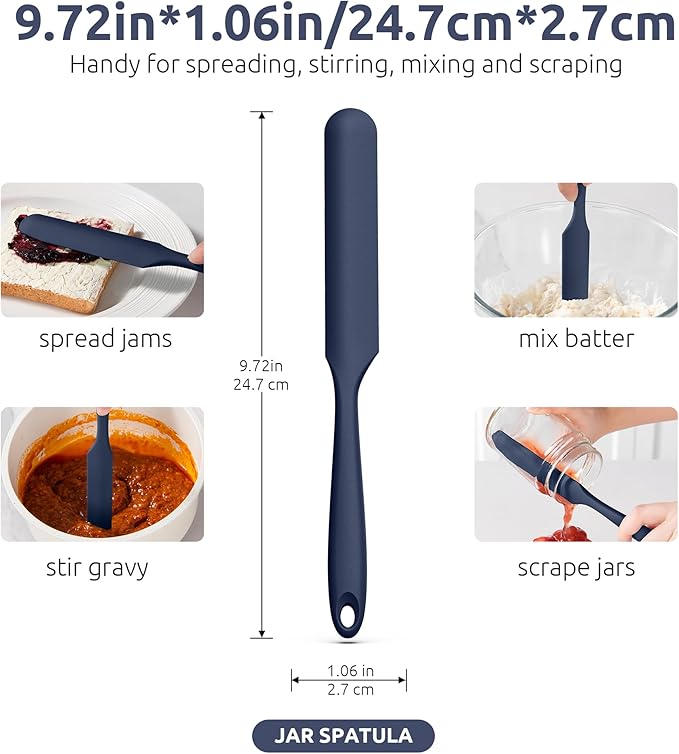 U-Taste Skinny Silicone Jar Spatula: 600쨘F Heat-Resistant Food-Grade 10in Long Narrow Sourdough Stirring Stick, Seamless Flexible Peanut Butter Spreader for Scraping Icing Cream, Jam (Midnight Blue)