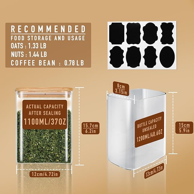 37oz Rectangle Airtight Glass Storage Containers with Bamboo Lids (Set of 4), Square Food Storage Jar, Pantry Organizers for Cereal, Nuts, Snacks and Coffee beans (?럚ith Black Lable)