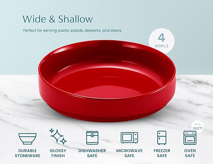 KooK Ceramic Large Pasta Bowls, Microwave and Dishwasher Safe, Great for Soups and Salads, Shallow Serving Bowls, Glossy Porcelain, 47 oz, Set of 4, Cherry Red