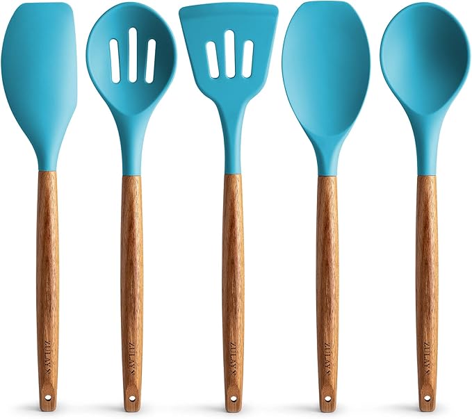 Zulay Kitchen Non-Stick Cooking Utensils Set with Authentic Acacia Wood Handles ??5-Piece Durable & Stylish Silicone Kitchen Utensils Set ??Heat Resistant to 464째F ??Blue