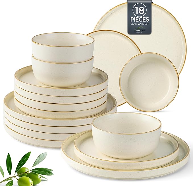 AmorArc Stoneware Dinnerware Sets for 6,Reactive Ceramic Plates and Bowls Set,Highly Chip and Crack Resistant | Dishwasher & Microwave Safe | Round Dishes Set Service for 6 (18pc)