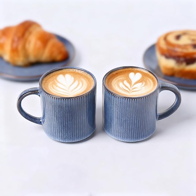 MONITO 16Oz Coffee Mugs Set of 4, Rustic Ceramic Coffee Cups Set with Large Handle, Vintage Striped Stoneware Coffee Mugs for Latte, Cocoa, Tea, Milk, Microwave & Dishwasher Safe, Deep Blue