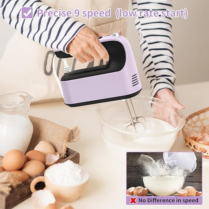 9-Speed Digital Hand Mixer Electric, 400W Powerful DC Motor, Baking Handheld with Snap-On Storage Case, 5 Stainless Steel Accessories, Flat Beaters, Dough Hooks, Whisk(Purple/Black)