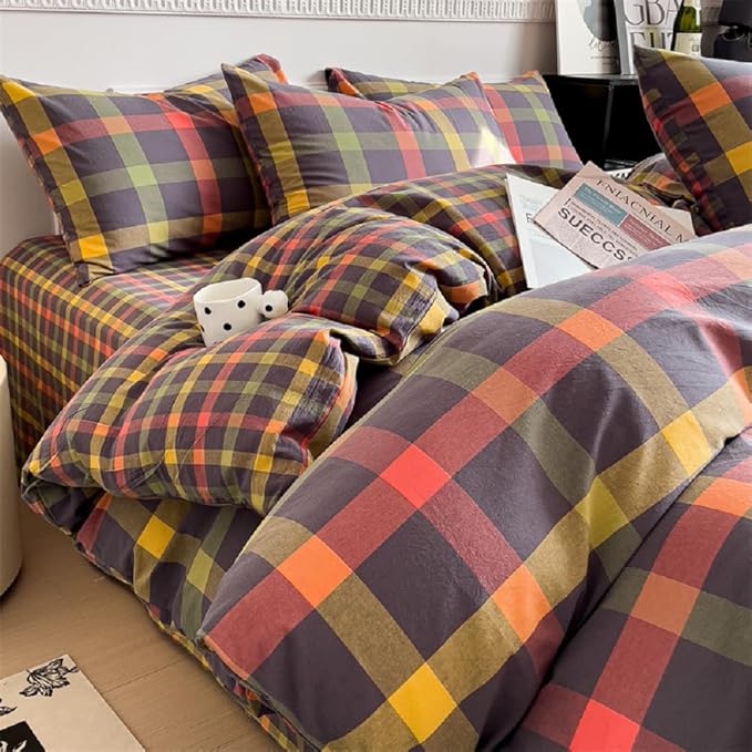 LifeTB Plaid Checkered Comforter Set King 3 Pieces Grid Gingham Bedding Comforter with 2 Pillowcases Farmhouse Lightweight Bedding Fluffy Multicolor Grid Bed Comforter Set King Size for All Season