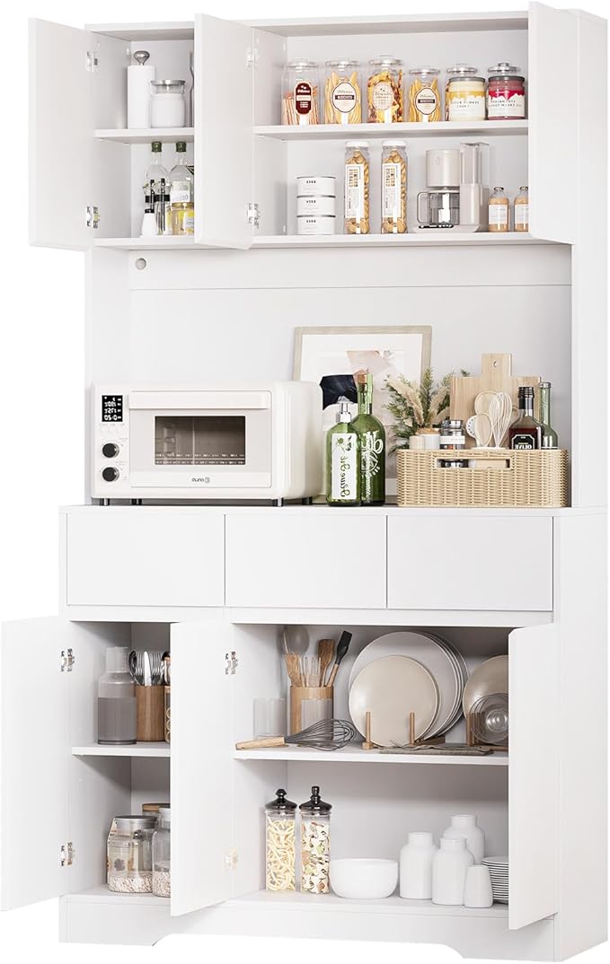 KAMABOKO 71" Kitchen Pantry Cabinet with LED Light and Charging Station Tall Pantry Storage Cabinet with Adjustable Shelves and Door Modern Kitchen Hutch with Microwave Stand and Countertop (White)