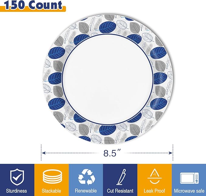 Ginkgo Paper Plates 8.5 Inch Bulk 150 Count, Heavy Duty Medium Disposable Dessert Plates,Microwave Safe, Soak Proof, Cut Resistant, for Party, Holiday, Travel, Picnic and Everyday