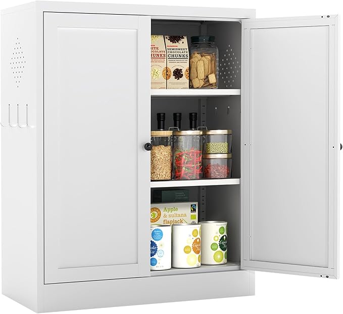 Metal Pantry Cabinet, 35 Inch Tall Kitchen Storage Cabinet, Pantry Cabinet with Doors and 2 Adjustable Shelves, Food Pantry Storage Cabinet for Kitchen, White