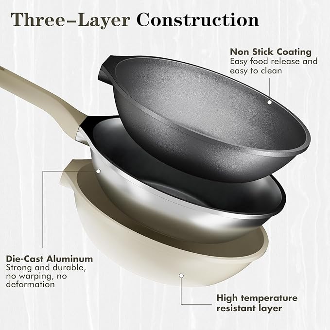 Royalty Line OS1014 Pan Set, 17 Pieces, Induction Compatible, Marble Non-stick Coating, Removable Cold Handles, Cream