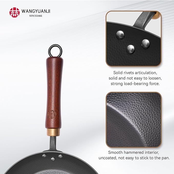 WANGYUANJI Coating-Free Carbon Steel Pan, Flat Bottom Skillet with Removable Heat-Resistant Wooden, High-Heat & Open Flame Compatible (Gas, Electric, Induction) 10.24Inch Frying Pans for Cooking