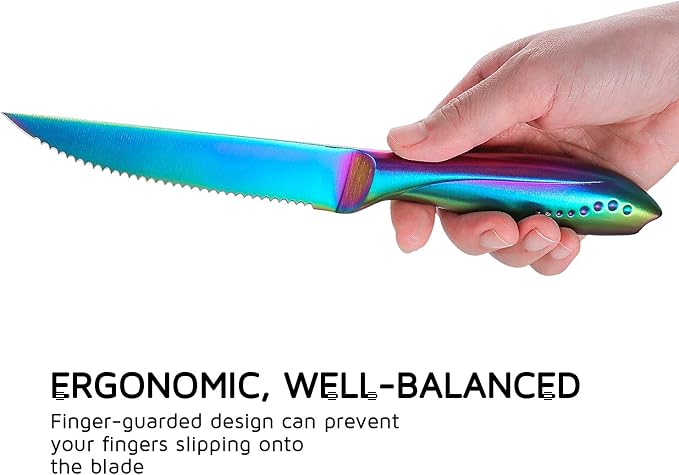 WELLSTAR Rainbow Serrated Steak Knife Set of 6, Razor Sharp German Steel Blade 4.75 inch and Comfortable Stainless Steel Hollow Handle with Titanium Coated Dinner Table Knives Set for Home Restaurant