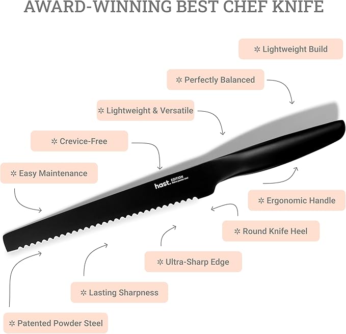 HAST Edition 8-Inch Serrated Bread Knife, Ultra-Sharp Professional Bread Slicing Knife, Advanced Powder Steel, Lightweight, Comfortable Ergonomic & Award-Winning Design (Titanium Black)