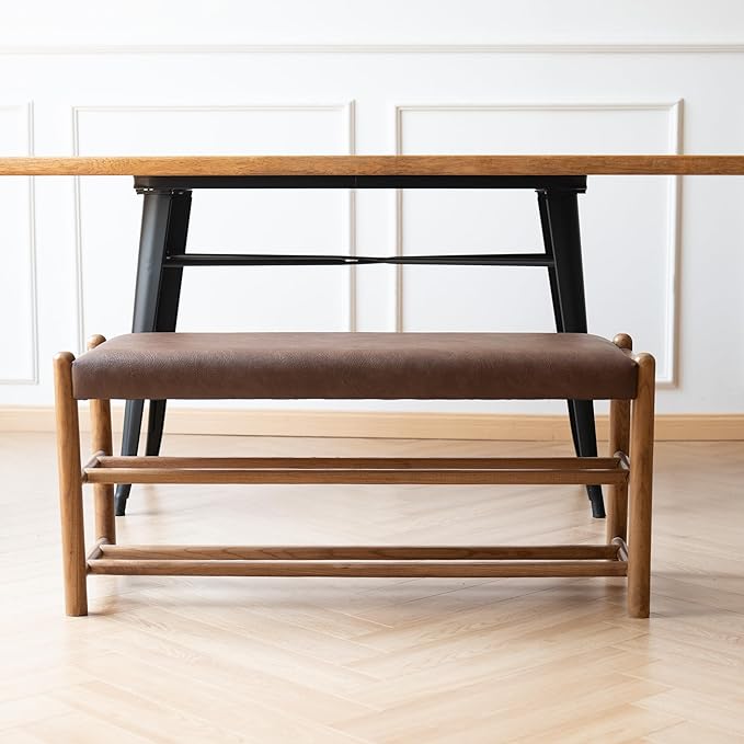 XINNAN Solid Wood Entryway Bench with Shoe Storage, Rustic Oak Wood and PU Leather 39.4 Inch Long Seating for Living and Dining Rooms, 3-Tier Brown