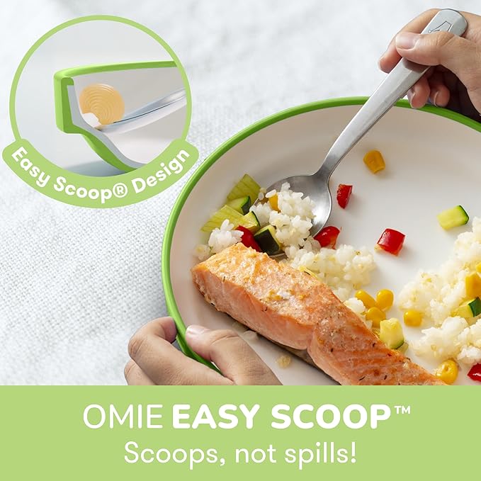 Omie짰 Easy Scoop Plates for Kids | Unique Design Helps Food Fall into the Spoon, Not on the Table | Made from Plants | 3 Plates + 2 Silicone Dividers | Green