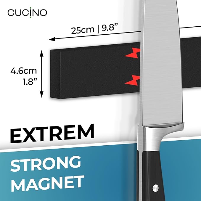 CUCINO Magnetic Knife Holder for Wall 10" No Drilling incl. Self Adhesive Tape - Extra strong Knife Holder - Awarded Knife Magnetic Strip - Made of Stainless Steel - black