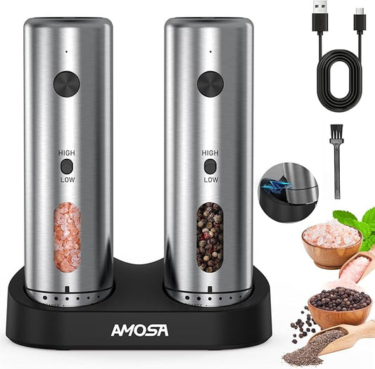 Electric Salt and Pepper Grinder Set, Upgraded 2-Speed Setting, External 6 Adjustable Coarseness, USB C Dual Rechargeable Base, All Stainless Steel Automatic Salt & Pepper Mill Shakers with LED Light