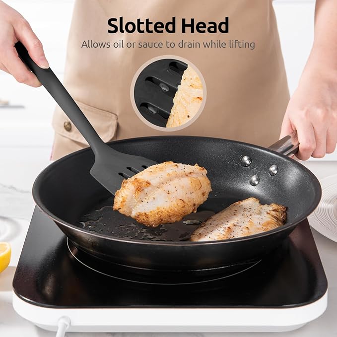 600쨘F Heat Resistant Slotted Turner: U-Taste 13.6in Silicone Kitchen Spatula Flipper, 3.74in Wide Food Grade Flexible Thin Rubber Cooking Utensil for Egg, Pancake, Cookie in Nonstick Cookware (Black)